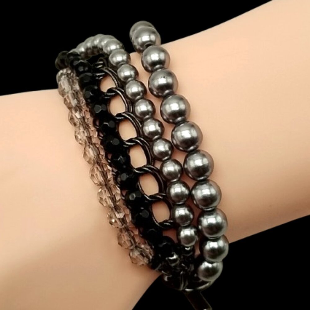 Premier Designs Multi-Strand Bracelet Gunmetal Chains Gray Beads Crystals Toggle